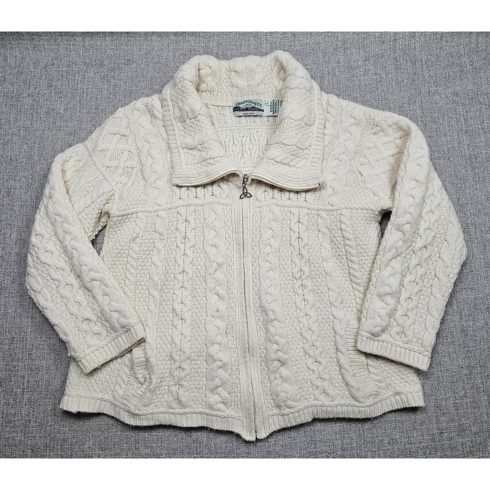 Aran Crafts Sweater Womens Large White Merino Wool Cable Zip Cardigan Irish